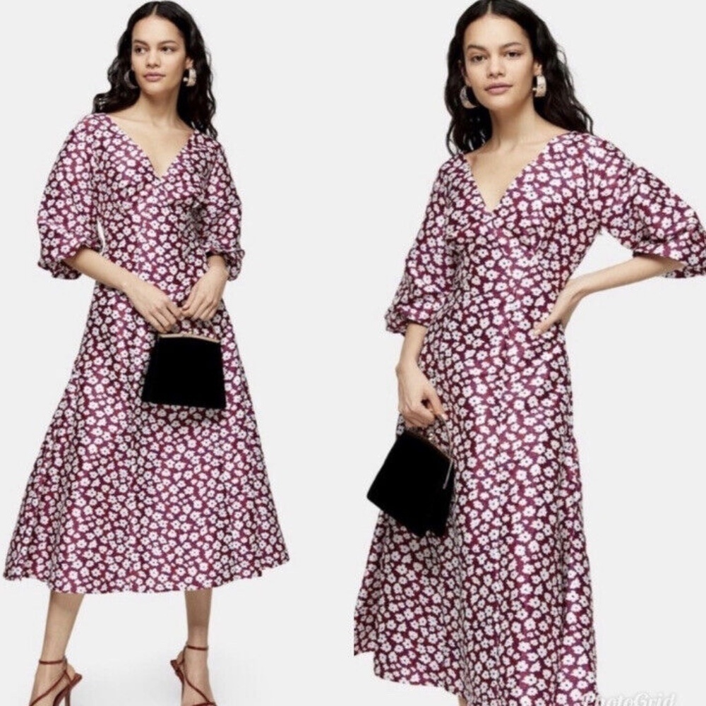 NWT TOPSHOP | Daisy Print Puff Sleeve Tie Back Midi Dress In Red Multi | Size 6